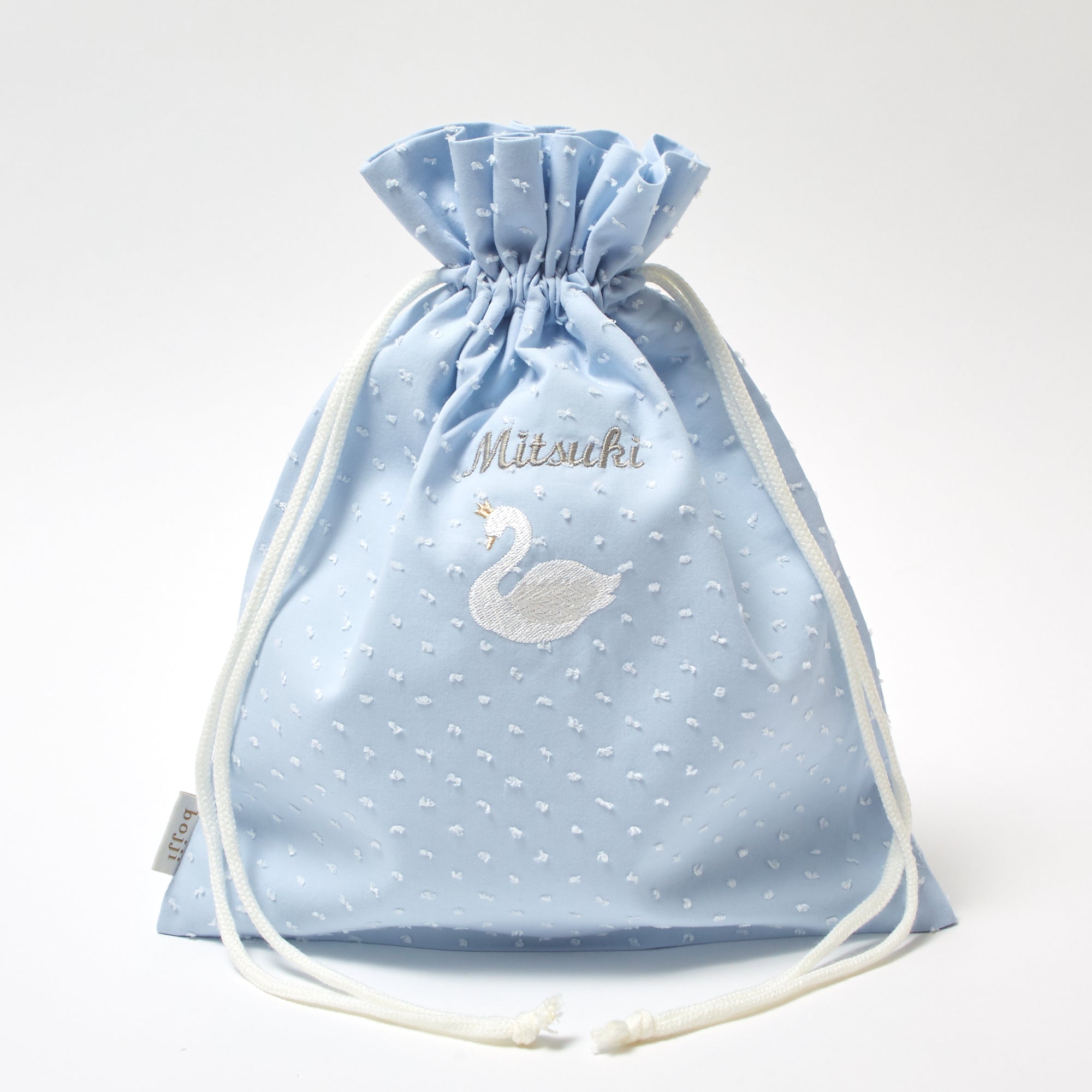 スワン刺繍の巾着袋/ミルクブルー – bojji 公式